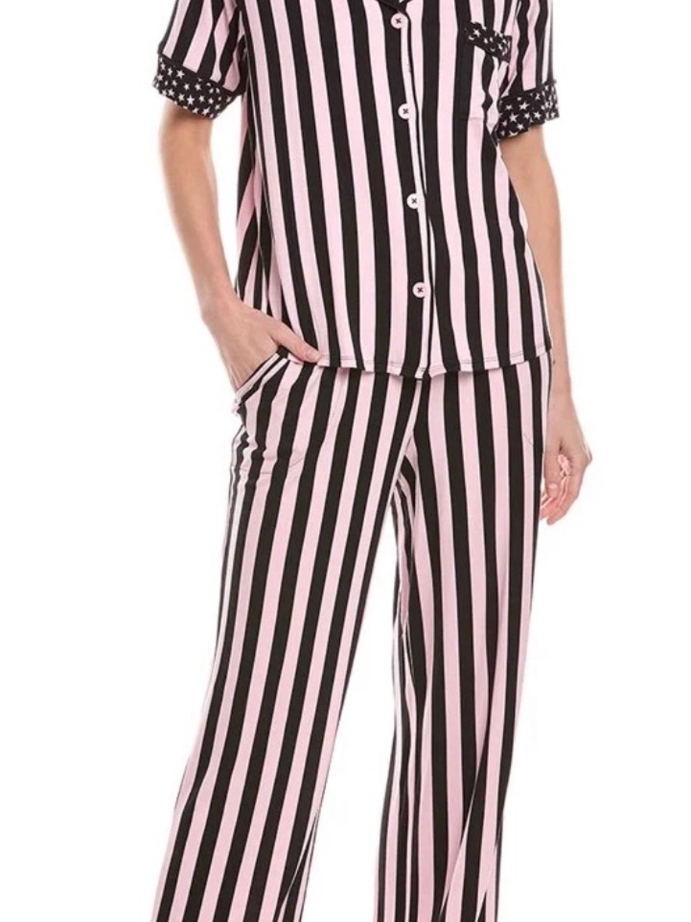 Women's Pink & Black Striped Pajama Set - Classic Button-Front